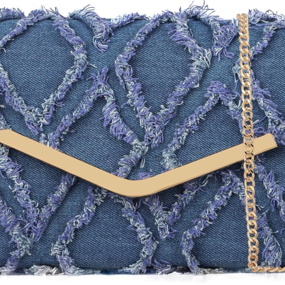 Women Evening Bag Distressed Jean Denim Foldover Clutch Purse Cocktail Prom Part